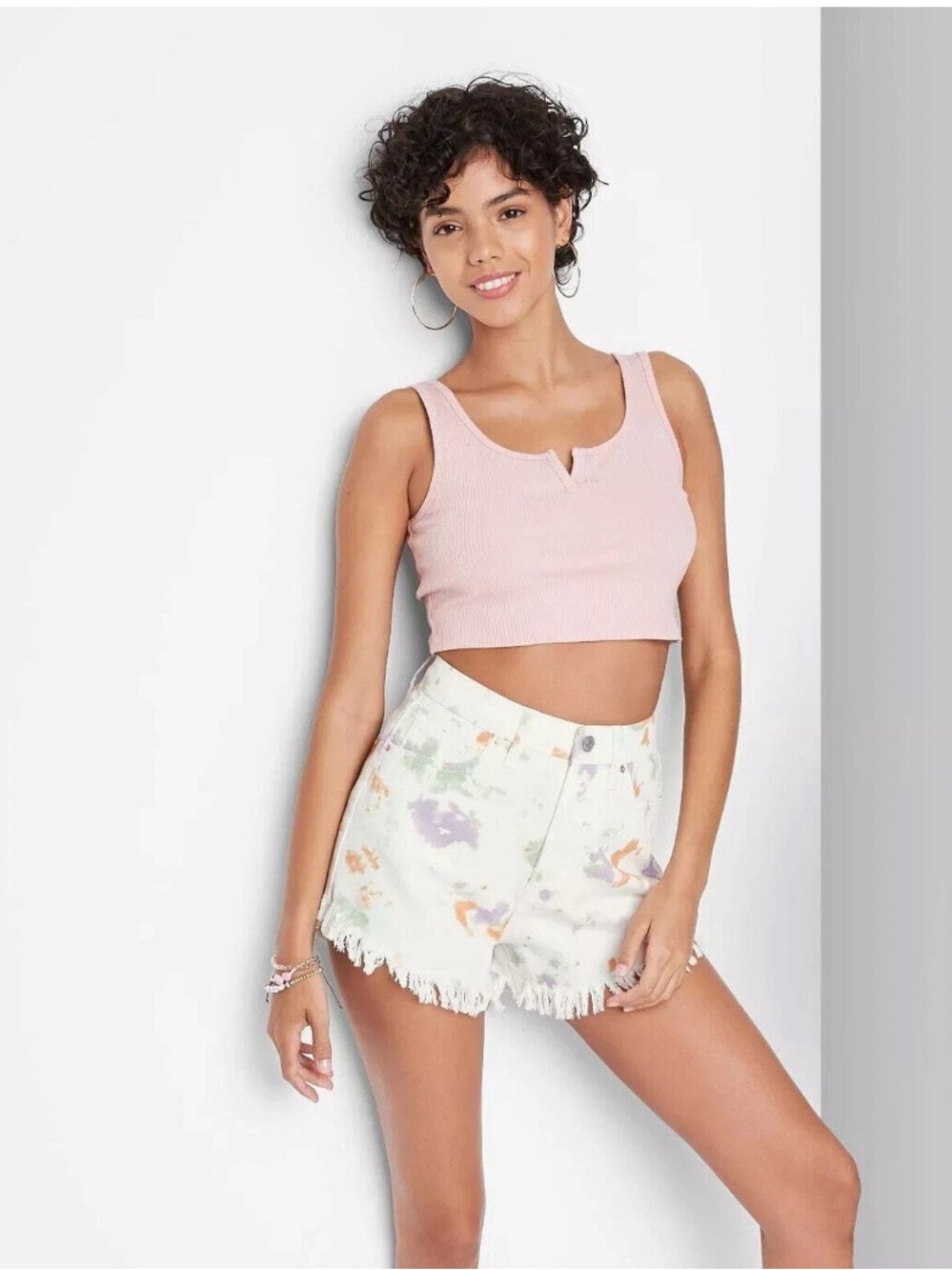🌸Wild Fable Women's tie-dye Fringe Hem High-Rise Cut Off Denim Shorts - Picture 2 of 7